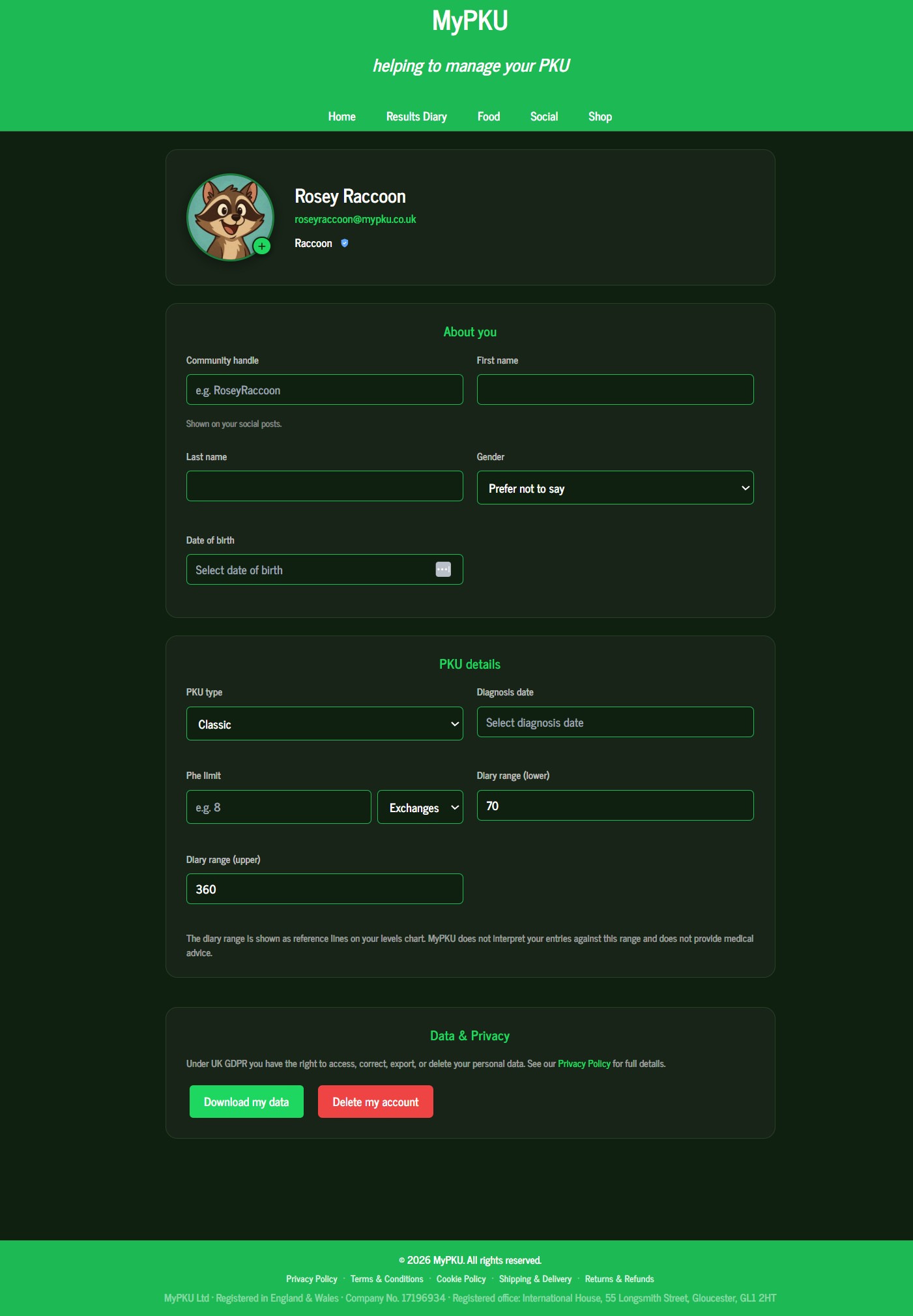 MyPKU profile page showing PKU type, Phe limit, and personal details