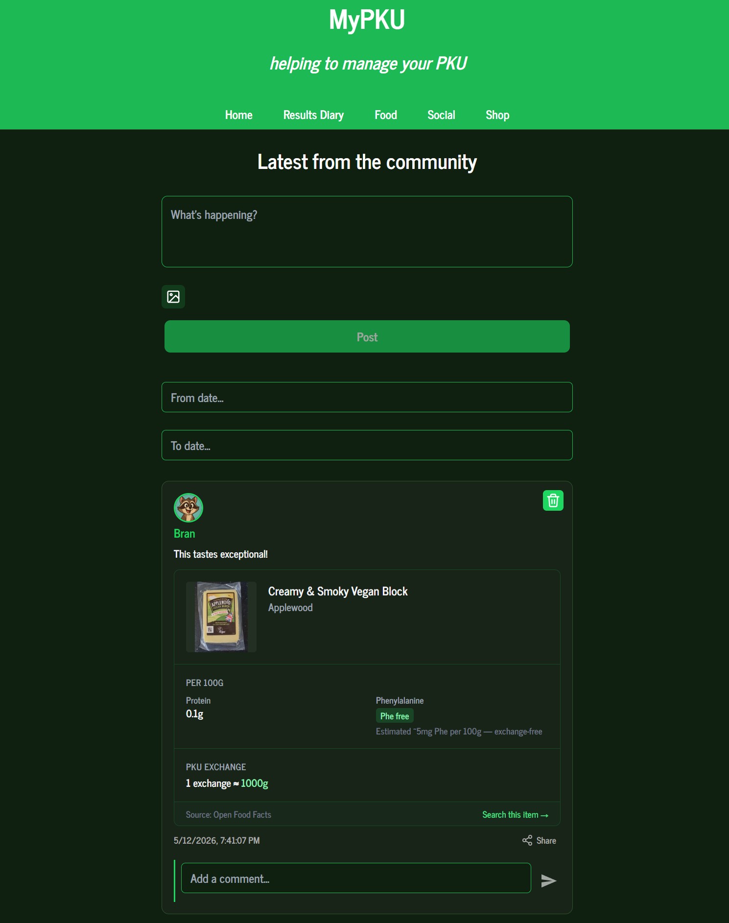 MyPKU community feed showing posts and comments